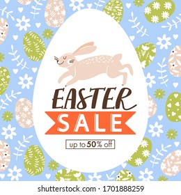 Easter sale banner. Big egg with cute bunny and lettering on floral background. Design for invitation, website, poster, banner, coupons etc. Vector.