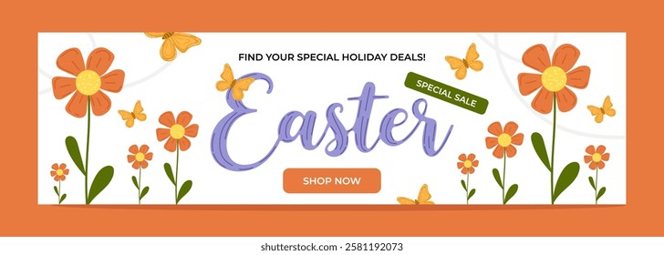 Easter sale banner with blooming spring flowers and delicate butterflies on white background. Vector promotion illustration in spring shopping - mood concept. For seasonal sales, flyers, stickers.