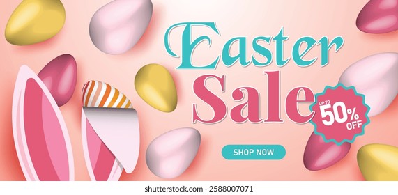 Easter sale banner with bunny ears, decorated eggs, pastel colors, 50% off discount, holiday shopping, elegant festive design