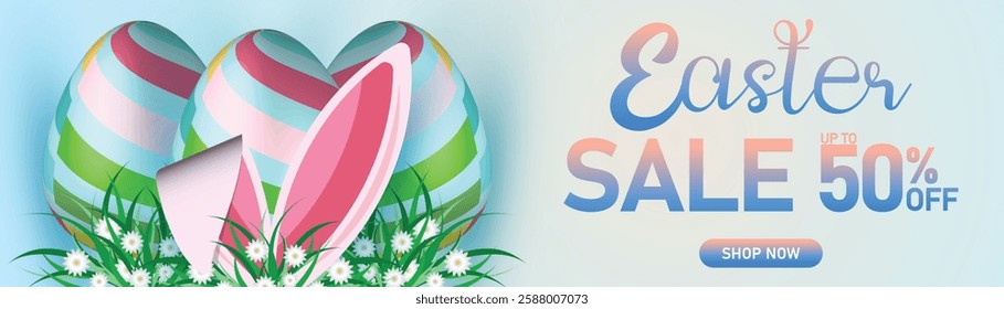 Easter sale banner with bunny ears, green leaves, and pastel blue background, 50% off discount, festive spring holiday shopping promotion