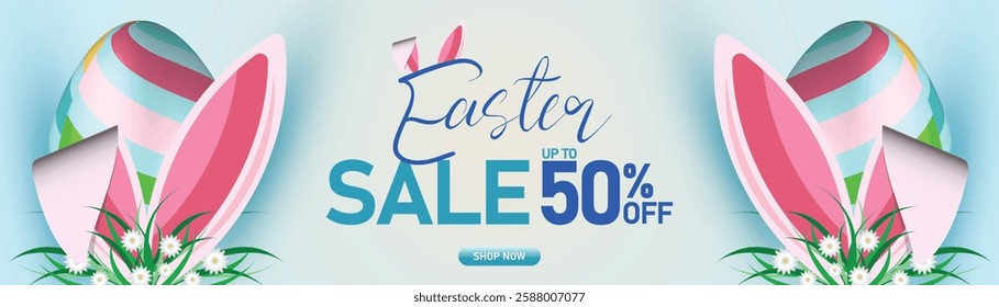 Easter sale banner with bunny ears, green leaves, and pastel blue background, 50% off discount, festive spring holiday shopping promotion