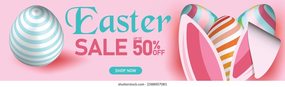 Easter sale banner with bunny ears, decorated eggs, and pastel pink background, 50% off discount, elegant festive holiday shopping promotion