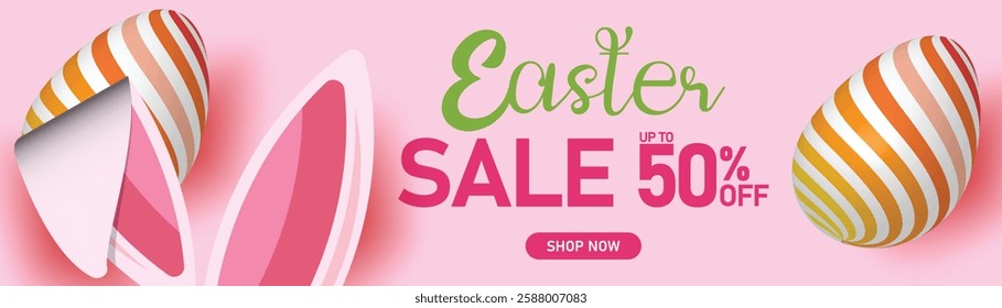 Easter sale banner with bunny ears, decorated eggs, and pink pastel background, 50% off discount, festive holiday shopping promotion