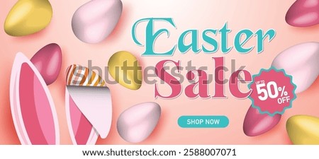 Easter sale banner with bunny ears, decorated eggs, pastel colors, 50% off discount, holiday shopping, elegant festive design