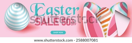 Easter sale banner with bunny ears, decorated eggs, and pastel pink background, 50% off discount, elegant festive holiday shopping promotion