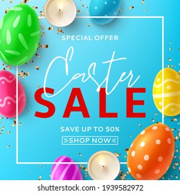 Easter sale banner card. Top view on color eggs with Easter decoration, burning candles and confetti on blue background. Vector illustration with 3d decorative objects.