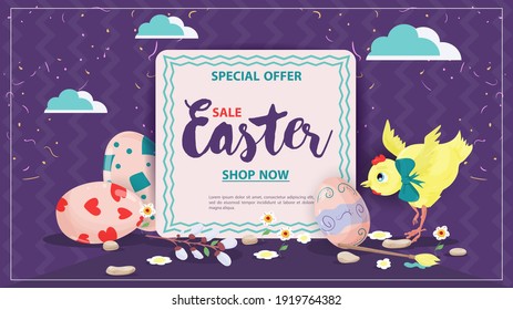 Easter sale banner, Chicken and colored eggs next to a text sign, flat vector illustration for holiday design decoration, purple background