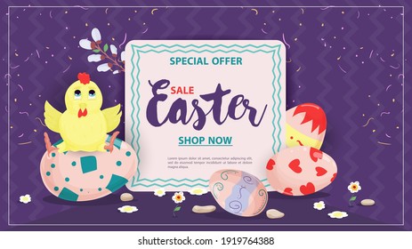 Easter sale banner, Chicken sitting on egg next to text sign, flat vector illustration for holiday design decoration, purple background