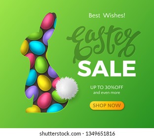 Easter sale banner with colorful 3d eggs and bunny cut out of paper with realistic fur tail. Vector festive green background with place for text for promotional flyers with discount or special offers.
