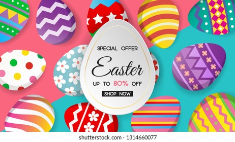easter sale banner with colorful eggs on blue and pink background. vector design for your greetings card, flyers, web banner, invitation, posters, brochure, banners, calendar, happy easter sale.
