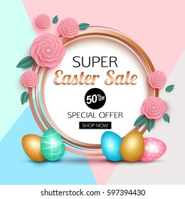 Easter sale banner with colorful eggs vector illustration