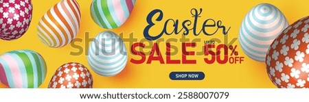 Easter sale banner with colorful eggs, yellow background, and 50% off discount, vibrant holiday shopping promotion, festive template