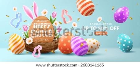 Easter sale banner with colorful Easter eggs,bunny ears,wooden Happy Easter sign in egg shape,flowers,golden confetti and promotional text for up to 50% off on pastel blue background