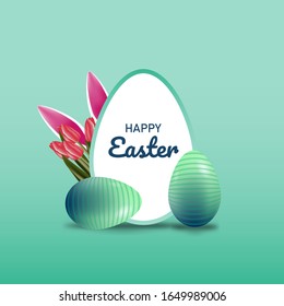 Easter sale banner with colorful painted easter eggs and flower. Vector Illustration of Happy Easter Holiday with Painted Egg, Rabbit Ears and Flower on Colorful Background.
