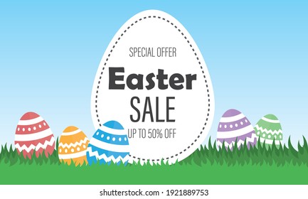 Easter Sale banner with Colorful Painted Easter Eggs.Easter eggs with on white background. Vector illustration for holiday greeting card.