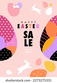 Easter Sale banner concept. Vector cartoon illustration in a trendy flat style of abstract patterned Easter eggs and white jumping rabbits silhouettes. Isolated on light pink background