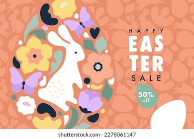 Easter Sale banner concept. Vector cartoon illustration in modern simplified style of an Easter egg with pattern of spring flowers, abstract shapes, butterflies, and rabbit. Isolated on background