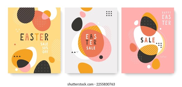 Easter sale banner concepts. Vector illustrations in a modern abstract flat style with Easter eggs and geometric shapes in yellow, pink, and black colours