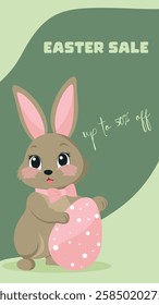 Easter sale banner with a cute brown bunny holding a decorated pink egg. Pastel colors, modern flat design, and elegant typography. Perfect for holiday promotions and social media ads.