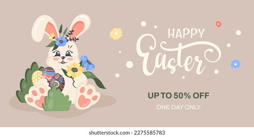 Easter sale banner. Cute bunny holding Easter eggs. Vector cartoon illustration for religious holiday, promotion poster, invitation, advertising template. Special offer concept. Vector illustration	
