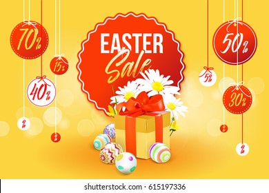 Easter sale banner. Daisy flowers, gift box, easter eggs, sale label, sale tags with percentage. Colorful sun breams background.