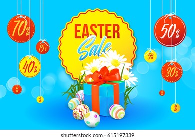 Easter sale banner. Daisy flowers, gift box, easter eggs, sale label, sale tags with percentage. Colorful sun breams background.