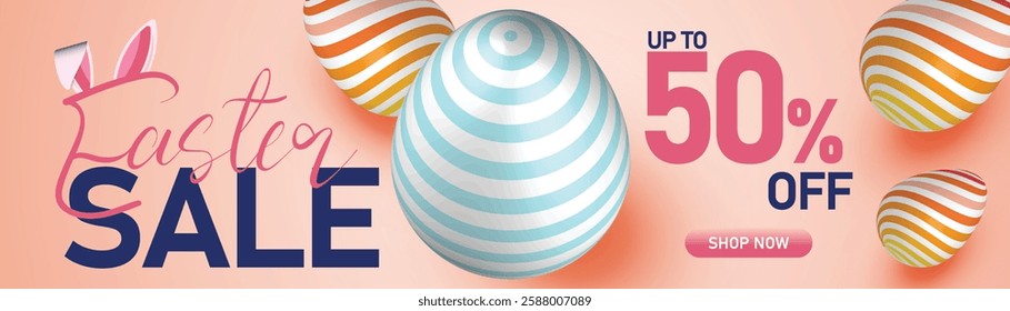 Easter sale banner with decorated eggs, pink pastel background, and 50% off discount, holiday shopping promotion, spring festive design