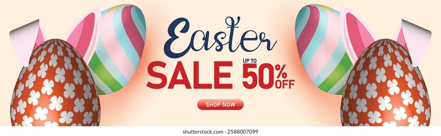 Easter sale banner with decorated eggs, bunny ears, and festive pastel background, 50% off discount, spring holiday shopping promotion