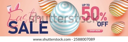 Easter sale banner with decorated eggs, pink pastel background, and 50% off discount, holiday shopping promotion, spring festive design