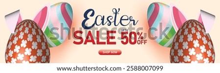 Easter sale banner with decorated eggs, bunny ears, and festive pastel background, 50% off discount, spring holiday shopping promotion