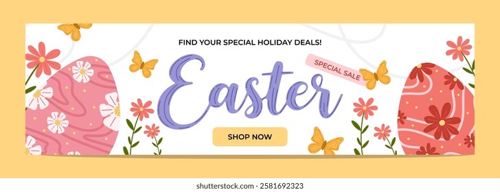 Easter sale banner with decorative eggs, spring flowers, and butterflies, featuring elegant typography and call-to-action button. Promotional illustration with symbolic vector Easter decor elements.