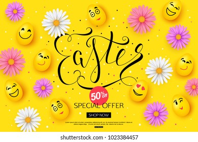 Easter Sale Banner design with colorful spring chamomile flowers and face of eggs. Vector illustration