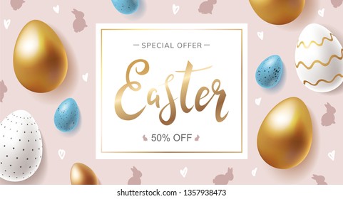 Easter Sale banner design concept, with golden lettering in frame, golden, robin blue eggs and white eggs with ornament on pale background with bunny silhouettes and hearts. - Vector