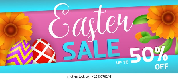 Easter sale banner design. Orange flowers and colored eggs on blue and magenta background. Illustration can be used for adverts, leaflets, flyers, posters