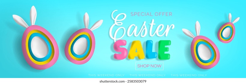 easter sale banner design with paper cut eggs and bunny ears vector illustration 