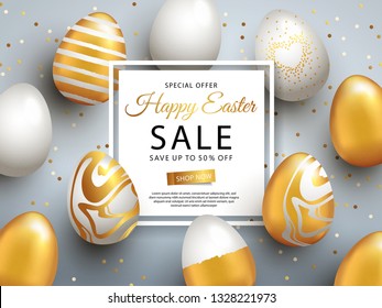 Easter Sale banner design with square frame, gold ornate eggs and confetti. Holiday Easter background with place for your text. Modern style greeting card or invitation. Flyer, poster template