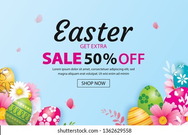 Easter sale banner design template with colorful eggs and flowers. Use for advertising, flyers, posters, brochure, voucher discount.