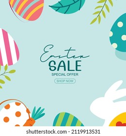 Easter sale banner design template with colorful eggs and flowers. Use for advertising, flyers, posters, brochure, voucher discount.