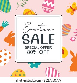 Easter sale banner design template with colorful eggs and flowers. Use for social media, advertising, flyers, posters, brochure, voucher discount.