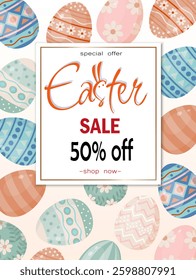 Easter sale banner with Easter eggs background. Discount flyer