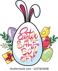 Easter sale banner with eggs and spring leaves gift rabbit. Vector illustration. Hand Drawn lettering