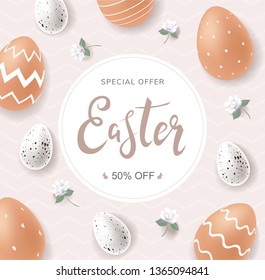 Easter sale banner elegant design with hand drawn lettering in circle and stylish brown ornate eggs, quail small eggs and little flowers on pale light background. 50% off. - Vector