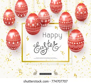 Easter sale banner. Elegant festive  design. Painted realistic red easter eggs decorated with ornament. Square frame with text. Bunny. Lettering. Glitter, serpentine. Vector illustration