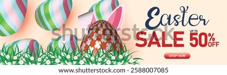 Easter sale banner with floral decorations, colorful eggs, and 50% off discount, spring holiday shopping promotion, elegant festive design
