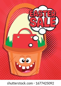 Easter sale banner with funny easter basket. Vector background in in pop art style. Vector illustration