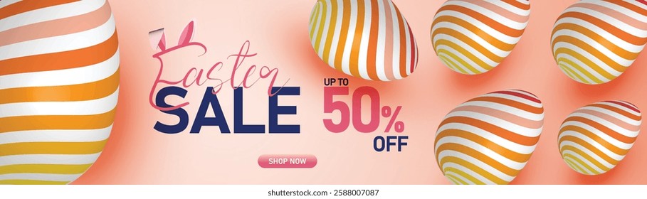 Easter sale banner with golden eggs, pink pastel background, and 50% off discount, holiday shopping promotion, elegant festive design
