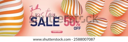 Easter sale banner with golden eggs, pink pastel background, and 50% off discount, holiday shopping promotion, elegant festive design