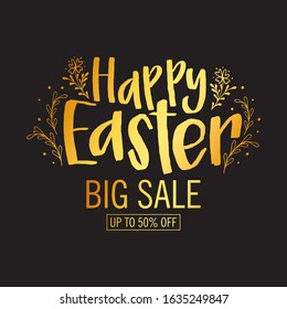 Easter sale banner. Golden easter lettering on black background. Offer, promotion, big sale