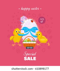 Easter sale banner and greeting card. Two nestlings untie the tape on the Easter egg, behind, peeps the cute bunny. Vector illustration. Can be used in banners, brochures, postcards, congratulations.