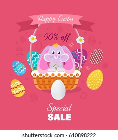 Easter sale banner and greeting card. A nice hare, sitting in a basket next to Easter eggs. Vector illustration. Can be used in banners, brochures, postcards, congratulations.